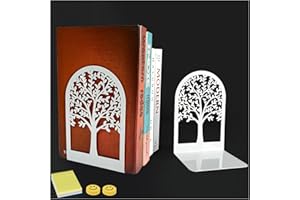 Qualsen Pack of 2 Metal White Bookends, Tree Design Bookends, Bookends with Non-Slip, Decorative Bookends, Bookends for School, Home, Office, School Supplies