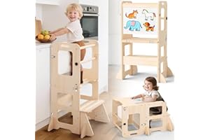 Woodure Klappbar Montessori Lernturm ab 1 Jahr, 4 in 1 Montessori Learning Tower für Kinder mit Rausfallschutz, Lernturm mit Kreidetafel und Whiteboard, Geschenk für Jungen und Mädchen 1-3 Jahre alt