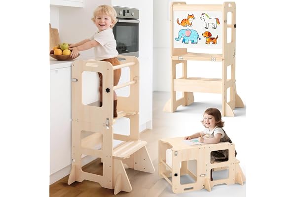 Woodure 4 en 1 Tour d'Observation Enfant Pliable, Tour d'Observation Montessori, Tour d'apprentissage Montessori pour Enfants avec Tableau Blanc, Cadeaux pour garçons et Filles de 1 à 3 Ans