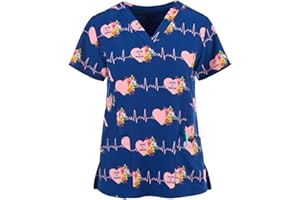 thuthu Kasack Damen Pflege Mit Karikatur Motiv Bunt T-Shirt Schlupfkasack Mit Taschen Kurzarm V-Ausschnitt Schlupfhemd Berufskleidung Krankenpfleger Uniformen Nurse Kasacks Damen Pflege