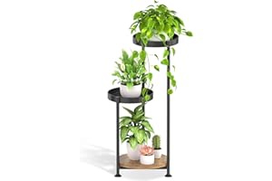 KAZITOO Pflanzenständer aus Metall mit 3 Etagen, für drinnen und draußen, 77 cm, Eckpflanzenhalter, Pflanzenregal für Blumentöpfe, modernes Ausstellungsregal mit Holzplatte für Wohnzimmer, Büro,