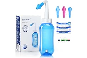 MAOEVER Neti Pot Sinus Rinse Kit with 100 Nasal Salt Packets Nose Wash Cleaner Pressure Rinse Nasal Irrigation for Adult & Kid BPA Free 300 ML with Sticker Thermometer (Light Blue)