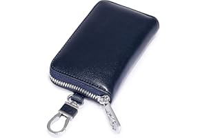 RRvane Genuine Leather Car Key Purse, Zippered Keychain Wallet Holder with Metal Hook for Unisex (Navy)