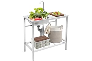 Tagtuell Kitchen Sink Unit, Free Standing Sink with Storage Shelf, Stainless Steel Commercial Sinks for Outdoor Camping Restaurant