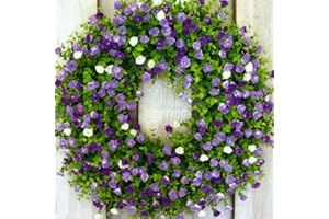 TZCIN 45cm Türkranz, Frühling Sommer Wildblume Kranz Dekorative Girlande für Haustür, Große künstliche Eukalyptus Kränze mit Blumen für Bauernhaus Tür Wand Wohnzimmer Flur Hochzeit Dekoration (Lila)