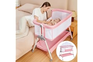 GOI 3 in 1 Baby Crib Next to Me Crib Bedside Sleeper Portable Travel Cot Bedside Crib Baby Bed with Breathable Net and Mattress,Adjustable Portable Bed for Infant,Baby Girl Boy (Pink)
