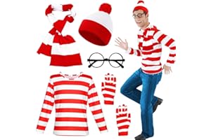 GLIROP 5pcs Red and White Striped Set for Adult, Wally Cosplay Costume Set with Long Sleeved Shirt Beanie Hat Glasses Scarf Gloves, Fancy Dress Outfit for World Book Day Halloween Christmas Theme Party