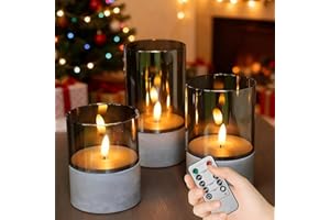 CAUTIOUS 3 Piezas Vidrio Gris LED Velas con Mando, Regulable Velas Sin Llama 10cm/12.5cm/15cm, Velas de Pilas Gris con Temporizador Remoto para la Decoración Casera del Partido, Boda, Navidad