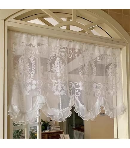 Rideau De Cuisine Court Rustique Boho - Demi Rideau Coton Géométrique Avec Dentelle, 100x60cm