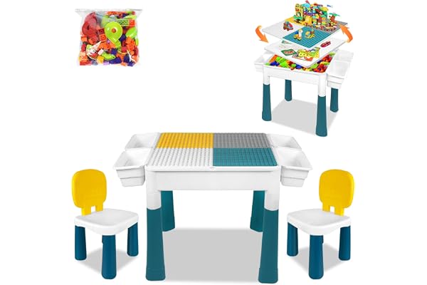 AufuN barnbord 6 i 1 aktivitetsbord byggklossar lekbord med stolar