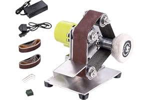 TOPWAY Lijadora de Banda Eléctrica Mini, Máquina de Pulir y Lijar de Banda Multifunción con 7 Velocidades Ajustables y 20 Cintas de 330x30 mm y Rueda de Pulido de Tela para Metal y Carpintería