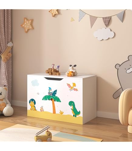 en.casa] Kinderrek Muxía met 9 opbergdozen speelgoedkast dinosaurus motief wit groen geel kinderkamer