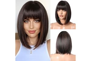 OUFEI Brown Bob Wig With Bangs Short Straight Wig For Women Synthetic Hair Wigs for Daily Party Cosplay Wear