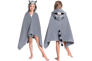 OLAOLA Serviette de Bain à Capuche pour Enfants, Serviettes de Plage en Microfibre Doux Natation Wrap, Enfant Peignoir À Langer, Poncho de Bain pour Garçons Filles de 3 à 12 Ans (Raton Laveur)