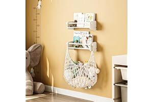 GoTiling Montessori Children's Wall Bookcase Set of 3: 40 cm Floating Wall Shelf Children's Shelf with 1 Storage Net - Montessori Children's Shelves for Books, Toys and Decoration (Wood, White, Wall