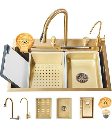 Fregadero De Cocina Blanco De Acero Inoxidable Con Grifo Cascada 4 En 1 - 68x45 Cm, Con Enjuagador De Tazas Y Desagüe Rápido