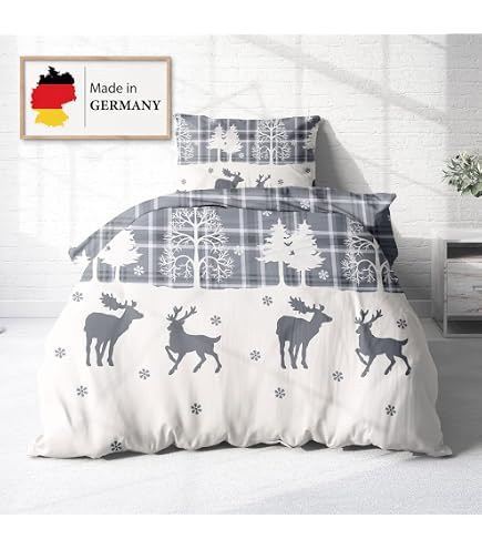 Träumschön Biber Bettwäsche Set 2tlg 135x200 cm + 80x80 cm – Flauschige Winterbettwäsche Rot – Weiche Winterbettwäsche mit Rentieren - Atmungsaktiv, Warm & Hautfreundlich