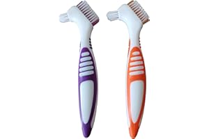 ZJW 2 Pcs Double Bristle Head Denture Brush Set, Portable Ergonomic Denture Cleaning Brush Multi-Layered Bristles False Teeth Brush for Denture Care (Random Color)