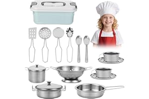 BUCOMTU 17 Piezas Juguetes de Cocina para niños Accesorios, Juguetes de Chef para Niños,Mini Cocina de Juguete con Utensilios – Juego de Cocina en Acero Inoxidable para Niños y Niñas