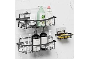 Tawdeez Adhesive Shower Caddy,Bathroom Organiser Storage Shelf No Drilling with Soap Holder,Rustproof Wall Mounted Rack Bathroom Accessory(3 Pack,Black)