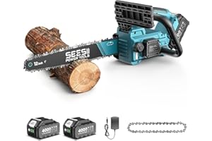 SEESII Motosega a Batteria 12 Pollici, 1200W Motosega Elettrica Motore Brushless, 2x4000mAh Batterie, Tensionamento Catena Senza Attrezzi, Perfetta per Potatura e Taglio del Legno