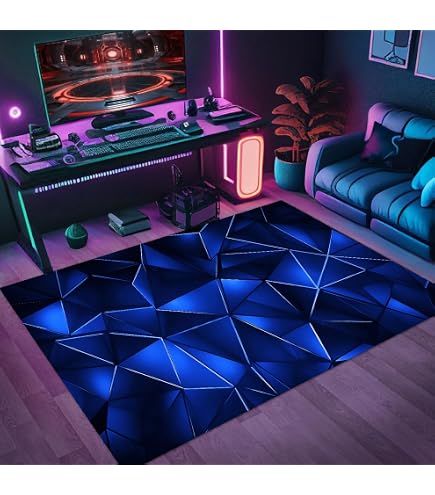 Tapis Chambre Ado Géométrique Néon Lavable 100x120cm - Flanelle Douce, Antidérapant, Décoration Gamer | Tapis Sol Déco Coloré