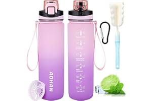 YANIKY Butelka na napoje, 1 litr, ze znacznikami czasu i filtrem, szczelna, sportowa butelka na wodę, nie zawiera BPA, outdoorowa butelka sportowa, na kemping, do szkoły (różowo-fioletowa)