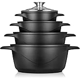 Briebe ILAG 8-Piece Induction Cookware Set, Set of 4 Non-Stick Pots | Cast aluminium, PFOA-free, set of glass caps, silicone