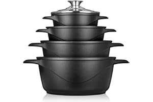 briebe Set Pentole Induzione Batteria 8 Pezzi, 4 Casseruola, Alluminio Pressofuso, Antiaderente senza PFOA, Coperchi in Vetro, Guanti in Silicone, Vetroceramica, Gas, Forno, MGK-12