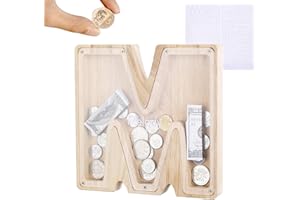 KanDery Wooden Letter Money Bank Piggy Bank, Letter Coin Bank Money Box with Clear Alphabet Stickers, Money Saving Bank for Children Christmas Birthday Gift Home DIY Decoration