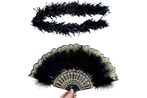 FEIONE 2er-Pack Damen-FederfäCher + Federstreifen, Federboa Schwarz, Federboa, Federboa Schwarz, 20s Vintage Style Folding Handheld Feather Fan, Retro HandfäCher Damen Gatsby KostüM Flapper ZubehöR