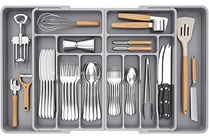 Lifewit Portaposate da Cassetto Grande, Organizer Posate da Cassetto, Espandibile da 54,1 a 91,4 cm di Larghezza, Organizer Cucina in Plastica per Posate, Cucchiai, Forchette, Coltelli, Grigio