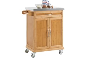 SoBuy Carrello cucina con ruote, piano in acciaio inox, mobile cucina salvaspazio in bambù, isola cucina moderna – Ideale per cucina, sala da pranzo o ristorazione – 66x92x46 cm, FKW13-N