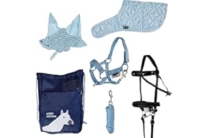 RL24 - Hobby Horse Zubehör Set (6-teilig) – Halfter mit Strick, Decke & Fliegenhaube in Hellbau – Trense in Schwarz – mehrfarbiger Transportbeutel für Stockpferde – Steckenpferd Zubehör