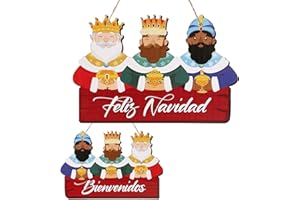LEMESO Letrero Colgante de Navidad para Puerta 30 x 20 cm con Forma de Reyes Magos, Cartel de Madera Doble Cara para Entrada Decoración Navideña de Casa