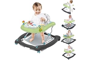 LIUFASHI Trotteur Bébé 5 en 1, Trotteur pour Bébé Pliable avec Hauteur et Vitesse Réglables, Tapis de Trampoline Amovible, Chariot de Marche Bebe avec Centre de Jeux, Baby Walker à Partir de 6 Mois, Vert