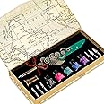 YICMY Quill Pen and Ink Set, Feather Calligraphy Pen Set with 5 Inks, 6 Replaceable Nibs and Pen Holder, Fountain Dip Pen Stationery Gift Calligraphy Set for Beginners (Green)