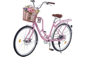 LSLIFE 24/26 Inch Vintage Ladies Bike with Basket 7 Speed, Lightweight City Bicycle Retro Bicycle Rear Rack Adjustable Handlebar and Seat Disc Brake