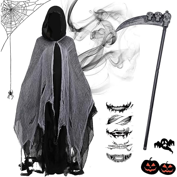 Costume Da Mietitore Della Morte Per Uomo, Set Da 6 Pezzi: Maschera, Falce 123 Cm, Catena Metallica, Guanti E Cintura, Taglie M - 6