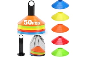niuniaj 50 Pcs Plots Entrainement, Plots De Marquage pour Football Cône, Cônes à Disque avec Support de Rangement, Poche Filet, Cones de Sport pour Délimitation Entraînement Football(5 Couleurs)