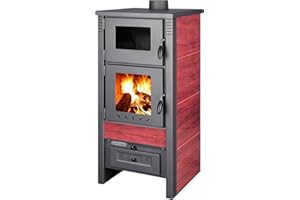 ProTermo Taurus Rot Kaminofen mit Backfach – 12kW Heizleistung - Holzofen mit Schamottstein Energieeffizienzklasse A 52 x 50 x 107cm 2 Sichtfenster