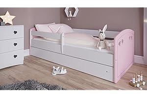 Bjird Letto per bambini singolo 140x80 160x80 180x80 con sponda anticaduta con barriera cassettone estraibile e telaio a doghe per bambini e bambine - Julia - Rosa cipria - 80 x 180 cm