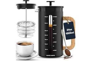 Home Hero Cafetière à piston – Presse à café de 1000 ml avec poignée en bois de bambou, presse française en verre borosilicate épais résistant à la chaleur, filtre à 4 couches (Black)