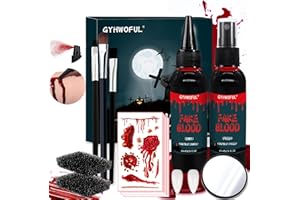GYHWOFUL Halloween Kunstblut Set mit 60ml Kunstblut Spray, 60ml Fließendes Kunstblut, 10 Tattoo, 1 Kosmetikspiegel, 3 Pinsel, 2 Schwamm und 2 Zahnersatz, Fake Blood, Halloween Make up Set für Zombie