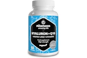 VITAMAZE - AMAZING LIFE Hyaluronic Acid High Strength + Q10 Coenzymes, 60 Vegan Capsules for 2 Months, Molecular Size 500-700 kDa, Pure & Natural Supplement without Additives