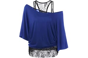 TIMEMEAN Tops Femme T-Shirt à épaules Dénudées EmpièCement en Dentelle De Grande Taille Tops Décontractés à Manches 3/4 Dolman De Couleur Unie