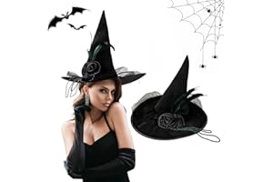 Himissy Sombrero de Bruja, Gorro de Bruja, Sombreros de Bruja, Gorro Bruja, Halloween Hat para Adulto Disfraz de Halloween Tocado, Carnaval Accesorio Fiesta Decorativo con Flor