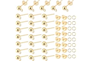 ‎PH PANDAHALL PandaHall 24K Gold Stud Earrings, Pack of 100 Hypoallergenic Ball Earring Posts with Loop, Stainless Steel Earring Components with Jump Rings, Ear Nuts for DIY Crafts, Earrings, Jewellery Making