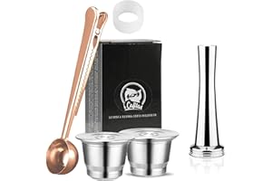 i Cafilas Kapsułki wielokrotnego użytku Nepresso, kapsułki do kawy ze stali nierdzewnej do wielokrotnego napełniania, kompatybilne z maszyną Nepresso, oryginalna linia: trwałe metalowe kapsułki do kawy wielokrotnego użytku (2 kapsułki, 1 ubijacz, 1 wypełniacz do kawy, 1 łyżka)