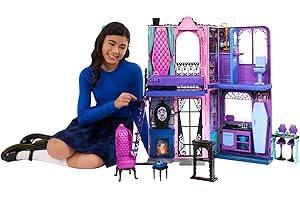 Monster High Nawiedzony hotel Domek dla lalek Składany zestaw do zabawy z niespodziankami w każdym pokoju i ponad 13 elementami, takimi jak mebelki i akcesoria, zabawka dla dzieci 4+, JBF16